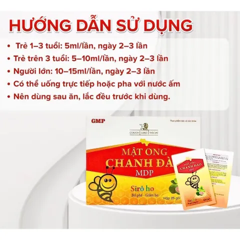 Siro ho MẬT ONG CHANH ĐÀO MDP (Hộp 25 gói) Giảm các triệu chứng như ho gió, ho khan, ho có đờm, ho dai dẳng do thời tiết