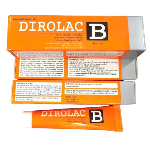 Kem bôi ngoài da Dirolac B (Tuýp 15g) hỗ trợ giảm ngứa, rôm sảy, viêm da, zona, thủy đậu, ngừa sẹo và ngăn ngừa mụn.