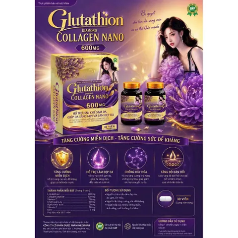 Viên uống trắng da Glutathion Diamond Collagen Nano 600mg (Chai 30 viên) Hỗ trợ chống oxy hóa, giảm sạm nám, tàn nhang