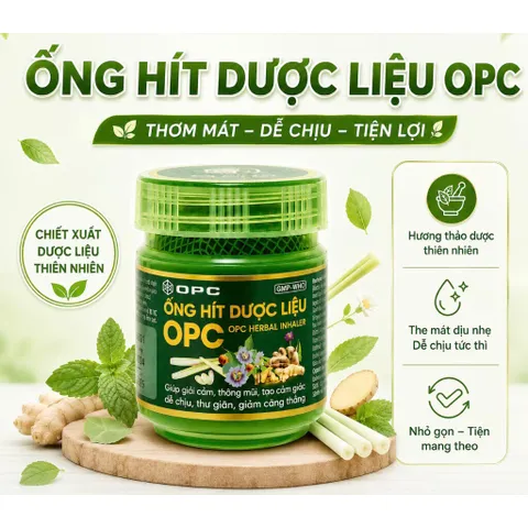 Ống Hít Dược Liệu OPC (10g) thương hiệu OPC Pharma, giúp giải cảm, thông mũi, và giảm căng thẳng.