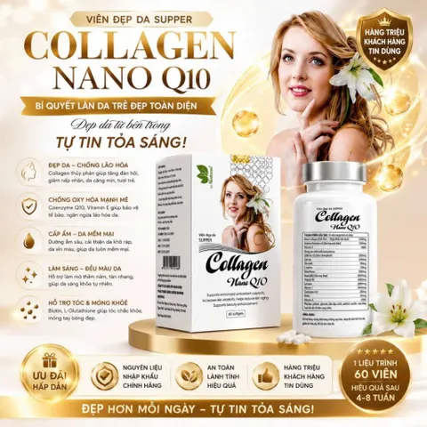 Viên đẹp da SUPPER Collagen Nano Q10 (Chai 60 viên) Hỗ trợ làm chậm quá trình lão hóa da, giảm nếp nhăn giúp da sáng mịn