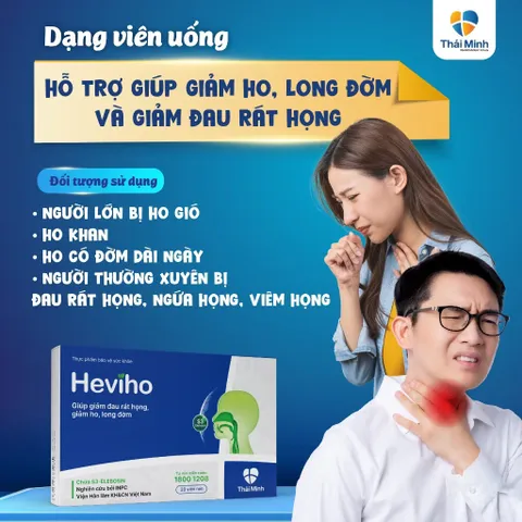 Viên uống giảm ho Heviho (Hộp 20 viên) Hỗ trợ giảm ho, long đờm, và giảm đau rát họng do ho kéo dài.