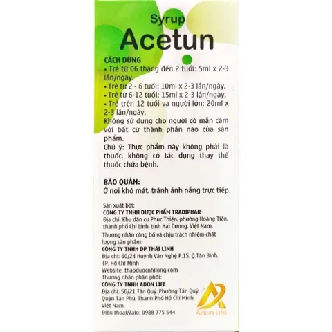 Siro ho bổ phế Acetun (Chai 100ml) Hỗ trợ giảm ho, giảm đờm và giảm đau rát họng do viêm họng.
