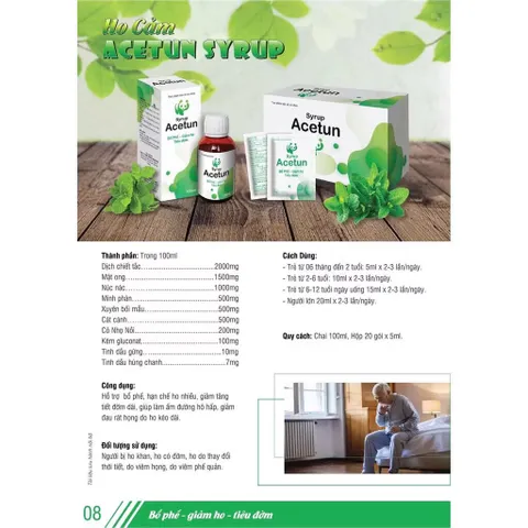 Siro ho bổ phế Acetun (Chai 100ml) Hỗ trợ giảm ho, giảm đờm và giảm đau rát họng do viêm họng.