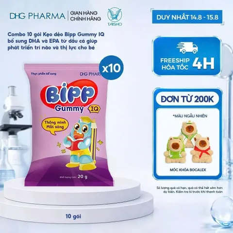Combo 10 gói Kẹo dẻo Bipp Gummy 05 loại IQ/ Canxi/ Vitamin C/ C, B6, Kẽm/ Chất Xơ