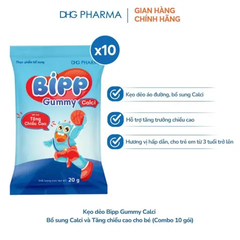 Combo 10 gói Kẹo dẻo Bipp Gummy 05 loại IQ/ Canxi/ Vitamin C/ C, B6, Kẽm/ Chất Xơ