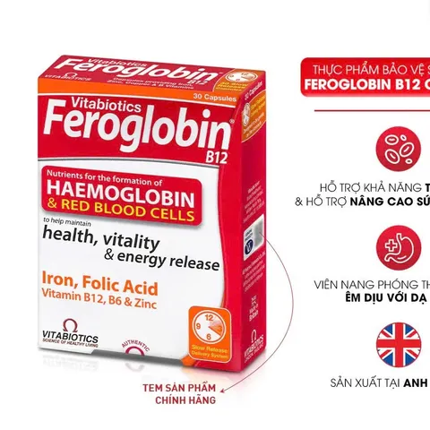 TPBVSK Vitabiotics FEROGLOBIN B12 Capsules Bổ Sung Sắt, Kẽm, Axit Folic, B6 Hỗ Trợ Tăng Khả Năng Tạo Máu, 30 Viên
