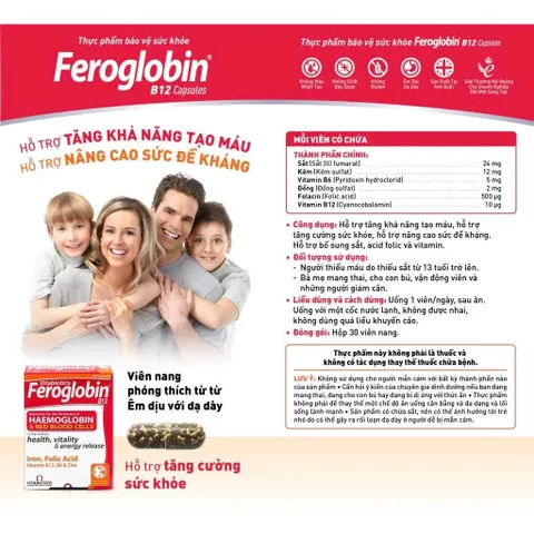TPBVSK Vitabiotics FEROGLOBIN B12 Capsules Bổ Sung Sắt, Kẽm, Axit Folic, B6 Hỗ Trợ Tăng Khả Năng Tạo Máu, 30 Viên