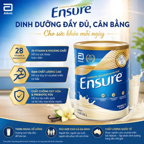 Sữa bột Ensure của Úc giàu dinh fưỡng 850g có thể thay thế 1 bữa ăn nhẹ