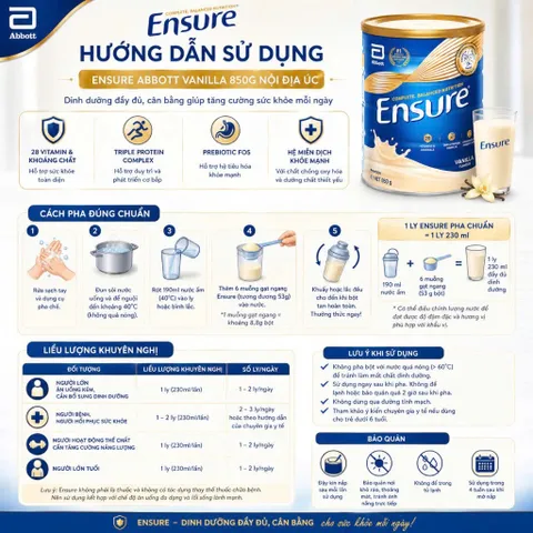 Sữa bột Ensure của Úc giàu dinh fưỡng 850g có thể thay thế 1 bữa ăn nhẹ