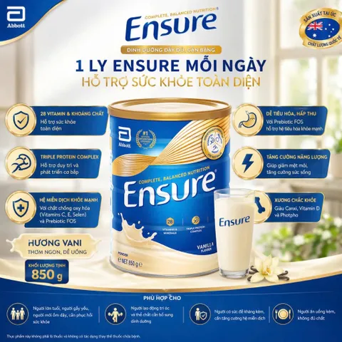 Sữa bột Ensure của Úc giàu dinh fưỡng 850g có thể thay thế 1 bữa ăn nhẹ