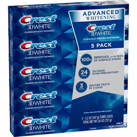 MẪU MỚI COMBO 5 TUÝP KEM ĐÁNH RĂNG CREST 3D WHITE ADVANCED TRIPLE WHITENING  147G*5 MỸ