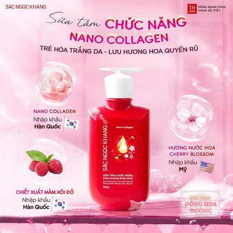 Sữa tắm chức năng Nano Collagen Sắc Ngọc Khang (Chai 500g) Làm sạch da, dưỡng ẩm mềm mịn, sáng da, hương Cherry Blossom