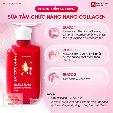 Sữa tắm chức năng Nano Collagen Sắc Ngọc Khang (Chai 500g) Làm sạch da, dưỡng ẩm mềm mịn, sáng da, hương Cherry Blossom