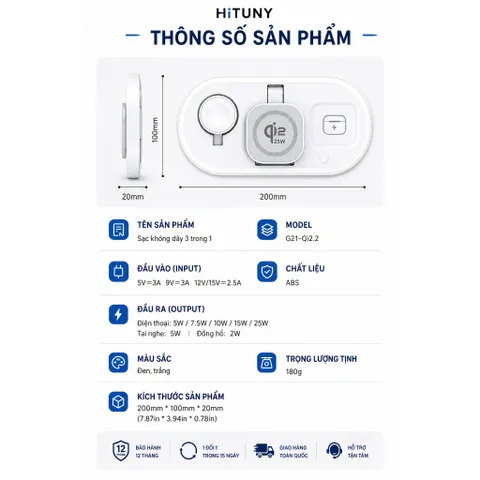 [CHÍNH HÃNG]Sạc Không Dây 3 Trong 1 HiTUNY G21 Qi2.2 25W, Sạc iPhone Apple Watch AirPods, Gập Gọn Tiện Lợi