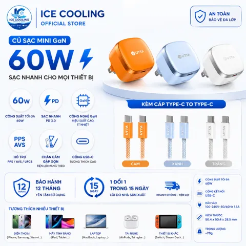 [ Có 3C]Củ Sạc Nhanh UTTA GaN 60W PD17C Mini, Sạc PD PPS AVS, Cổng Type-C, Chân Gập Gọn, Bảo Hành 12 Tháng