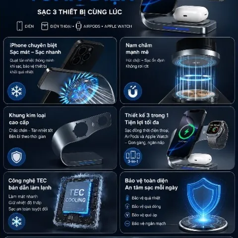 Đế Sạc Không Dây 3 Trong 1 TEC Làm Lạnh, Sạc Nhanh 15W Cho iPhone Apple Watch AirPods, Nam Châm Hút