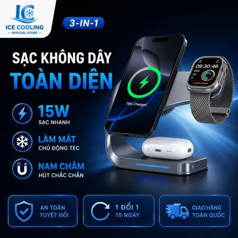 Đế Sạc Không Dây 3 Trong 1 TEC Làm Lạnh, Sạc Nhanh 15W Cho iPhone Apple Watch AirPods, Nam Châm Hút