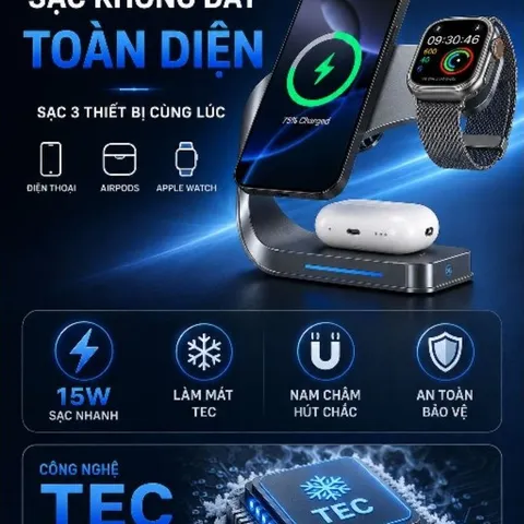 Đế Sạc Không Dây 3 Trong 1 TEC Làm Lạnh, Sạc Nhanh 15W Cho iPhone Apple Watch AirPods, Nam Châm Hút