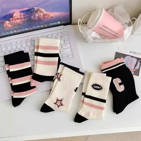 Combo 5 Đôi Tất Nữ Cổ Cao Phong Cách Hàn Quốc Ulzzang, Set Vớ Nữ Thể Thao Thêu Chữ STAR, Chữ C, Kẻ Sọc Cá Tính