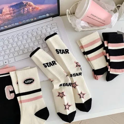 Combo 5 Đôi Tất Nữ Cổ Cao Phong Cách Hàn Quốc Ulzzang, Set Vớ Nữ Thể Thao Thêu Chữ STAR, Chữ C, Kẻ Sọc Cá Tính