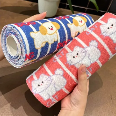 Cuộn Khăn Lau Đa Năng Họa Tiết Chó Mèo Dễ Thương (20 Tờ - Size 25cm) - Khăn Lau Xé Tay Nhà Bếp Thấm Hút Dầu Mỡ