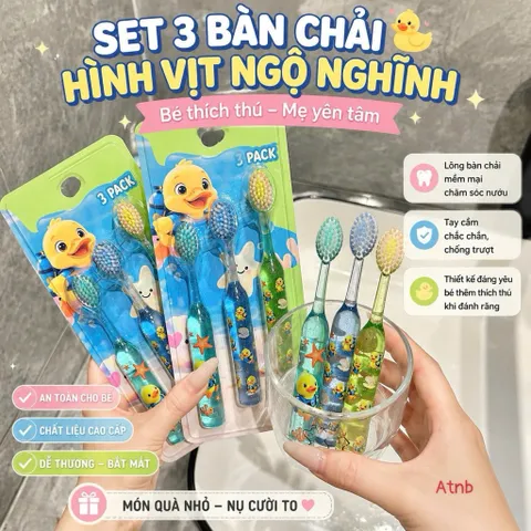COMBO 3 BÀN CHẢI ĐÁNH RĂNG HÌNH VỊT CON NGỘ NGHĨNH - Lông Mềm Mại, Cán Pha Lê Chống Trượt Cho Bé Yêu