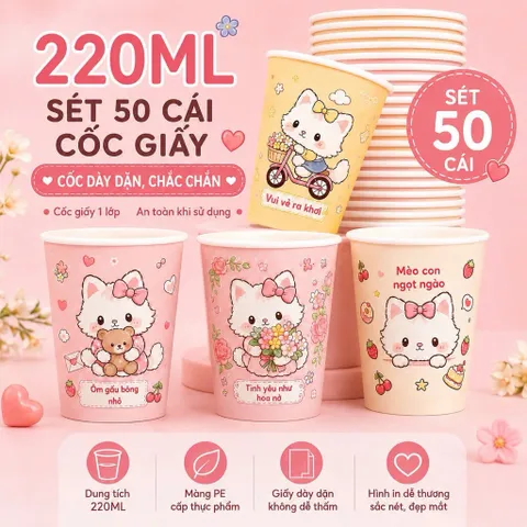 SÉT 50 CỐC GIẤY DÙNG 1 LẦN 220ML HÌNH MÈO NGỌT NGÀO - Ly Giấy Cao Cấp Chống Thấm Nước Dùng Cho Tiệc Tùng, Văn Phòng