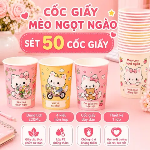 SÉT 50 CỐC GIẤY DÙNG 1 LẦN 220ML HÌNH MÈO NGỌT NGÀO - Ly Giấy Cao Cấp Chống Thấm Nước Dùng Cho Tiệc Tùng, Văn Phòng