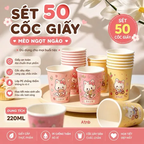 SÉT 50 CỐC GIẤY DÙNG 1 LẦN 220ML HÌNH MÈO NGỌT NGÀO - Ly Giấy Cao Cấp Chống Thấm Nước Dùng Cho Tiệc Tùng, Văn Phòng