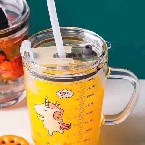 [THANH LÝ] Combo 3 Cốc Thủy Tinh Chia Vạch Kèm Ống Hút 400ml, Nắp Chống Tràn Họa Tiết Cute Cho Bé Uống Sữa, Pha Đồ Uống