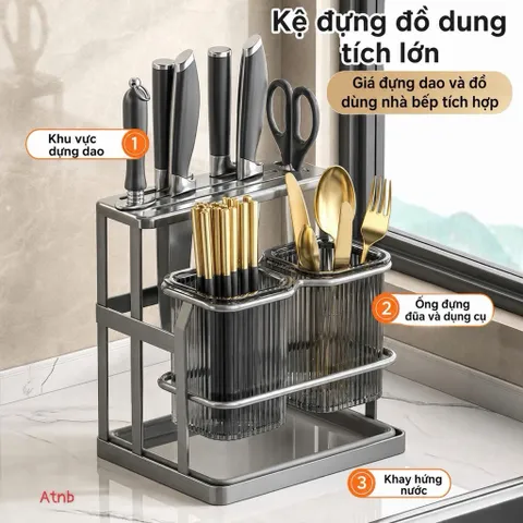 KỆ ĐỰNG DAO THỚT, ỐNG ĐỰNG ĐŨA MUỖNG ĐA NĂNG - Kệ Treo Tường Hoặc Để Bàn Kèm Khay Hứng Nước Cao Cấp, Màu Xám Hiện Đại