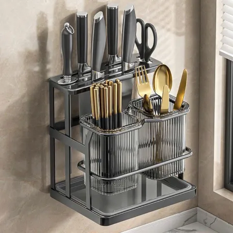 KỆ ĐỰNG DAO THỚT, ỐNG ĐỰNG ĐŨA MUỖNG ĐA NĂNG - Kệ Treo Tường Hoặc Để Bàn Kèm Khay Hứng Nước Cao Cấp, Màu Xám Hiện Đại