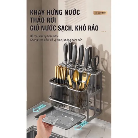 KỆ ĐỰNG DAO THỚT, ỐNG ĐỰNG ĐŨA MUỖNG ĐA NĂNG - Kệ Treo Tường Hoặc Để Bàn Kèm Khay Hứng Nước Cao Cấp, Màu Xám Hiện Đại