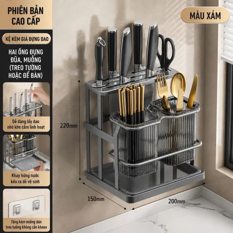 KỆ ĐỰNG DAO THỚT, ỐNG ĐỰNG ĐŨA MUỖNG ĐA NĂNG - Kệ Treo Tường Hoặc Để Bàn Kèm Khay Hứng Nước Cao Cấp, Màu Xám Hiện Đại