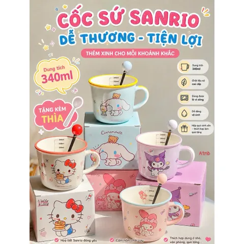 [Mã M08] Cốc Sứ Kèm Thìa Sanrio Siêu Cute - Ly Sứ 340ml Hình Hello Kitty, Kuromi, My Melody, Cinnamoroll Làm Quà Tặng