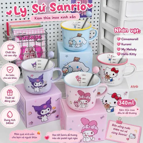 [Mã M08] Cốc Sứ Kèm Thìa Sanrio Siêu Cute - Ly Sứ 340ml Hình Hello Kitty, Kuromi, My Melody, Cinnamoroll Làm Quà Tặng