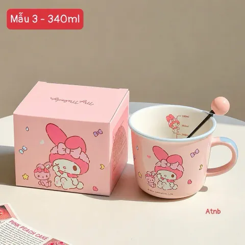 [Mã M08] Cốc Sứ Kèm Thìa Sanrio Siêu Cute - Ly Sứ 340ml Hình Hello Kitty, Kuromi, My Melody, Cinnamoroll Làm Quà Tặng
