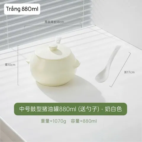 Âu Đựng Mỡ Heo, Hũ Đựng Gia Vị Bằng Sứ Cao Cấp Kèm Thìa – Thiết Kế Dáng Tròn Sang Trọng, Nhiều Dung Tích (880ml/1550ml)