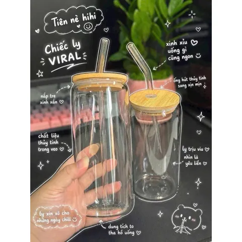 🔥 [HÀNG MỚI] Combo 2 Bình Thủy Tinh Cao Cấp Nắp Gỗ Tre & Ống Hút Sang Trọng - Ly Can Thủy Tinh Viral Siêu Chill 500ml