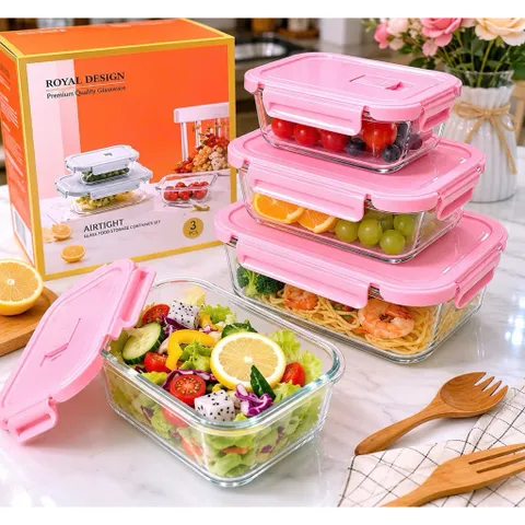 Set 3 Hộp Thủy Tinh Khóa Hộp Đựng Thực Phẩm Borosilicate Cao Cấp Chịu Nhiệt Lò Vi Sóng 410ml 680ml 1000ml Royal Design 813438