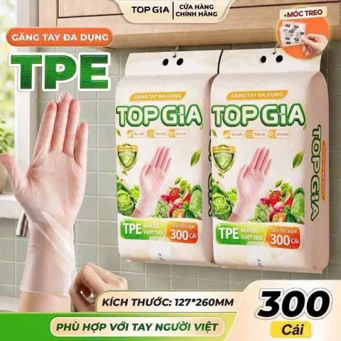 Găng tay đa dụng TPE Top Gia cao cấp dai mềm vượt trội, Hộp 300 cái thiết kế rút treo tiện lợi dùng nấu ăn
