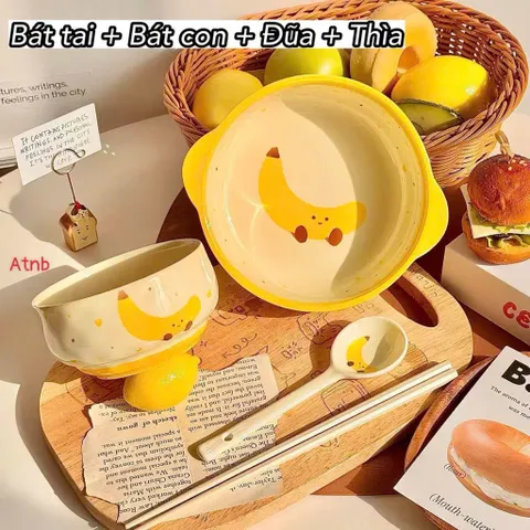 Bộ Bát Đĩa 4 Món Gốm Sứ Cao Cấp Decor - Set Bát Tô Có Quai, Chén Ăn Cơm, Thìa Đũa Họa Tiết Trái Cây Bánh Mì Dễ Thương