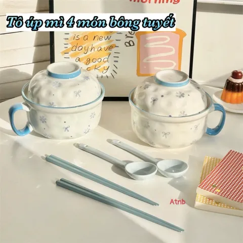 Set Bát Tô Sứ 2 Trong 1 Có Quai Cầm Kèm Nắp, Thìa, Đũa - Thiết Kế Nơ Hồng/Bông Tuyết Xinh Xắn, Bát Úp Mì, Tô Đựng Canh