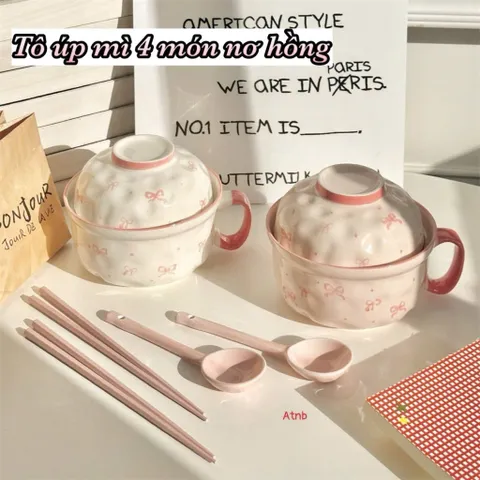 Set Bát Tô Sứ 2 Trong 1 Có Quai Cầm Kèm Nắp, Thìa, Đũa - Thiết Kế Nơ Hồng/Bông Tuyết Xinh Xắn, Bát Úp Mì, Tô Đựng Canh