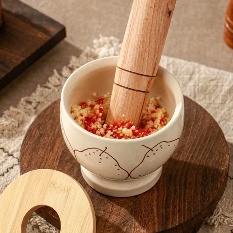 Cối Chày Sứ Kèm Nắp Gỗ 10cm - Cối Giã Tỏi Ớt, Nghiền Thảo Mộc, Gia Vị Phong Cách Hàn Quốc Trang Trí Bếp