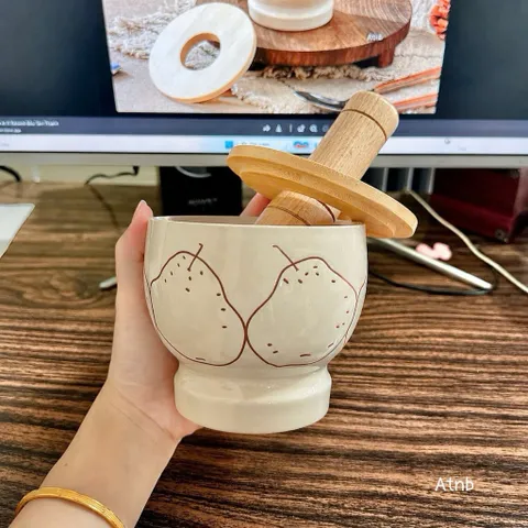 Cối Chày Sứ Kèm Nắp Gỗ 10cm - Cối Giã Tỏi Ớt, Nghiền Thảo Mộc, Gia Vị Phong Cách Hàn Quốc Trang Trí Bếp