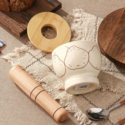 Cối Chày Sứ Kèm Nắp Gỗ 10cm - Cối Giã Tỏi Ớt, Nghiền Thảo Mộc, Gia Vị Phong Cách Hàn Quốc Trang Trí Bếp