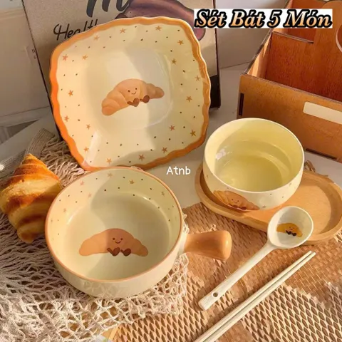 Bộ Bát Đĩa 5 Món Gốm Sứ Cao Cấp Decor - Set Bát Tô Có Tay Cầm, Bát Cơm, Đĩa Lượn Sóng, Thìa Đũa Hình Bánh Mì Dễ Thương