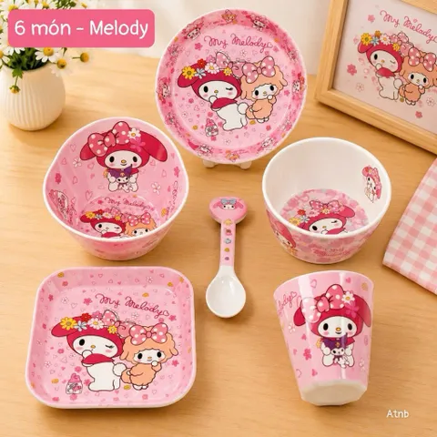 Bộ Bát Đĩa Nhựa Cao Cấp 6 Món Hình Hoạt Hình Đáng Yêu Cho Bé (Shin, Hello Kitty, Cinnamoroll)
